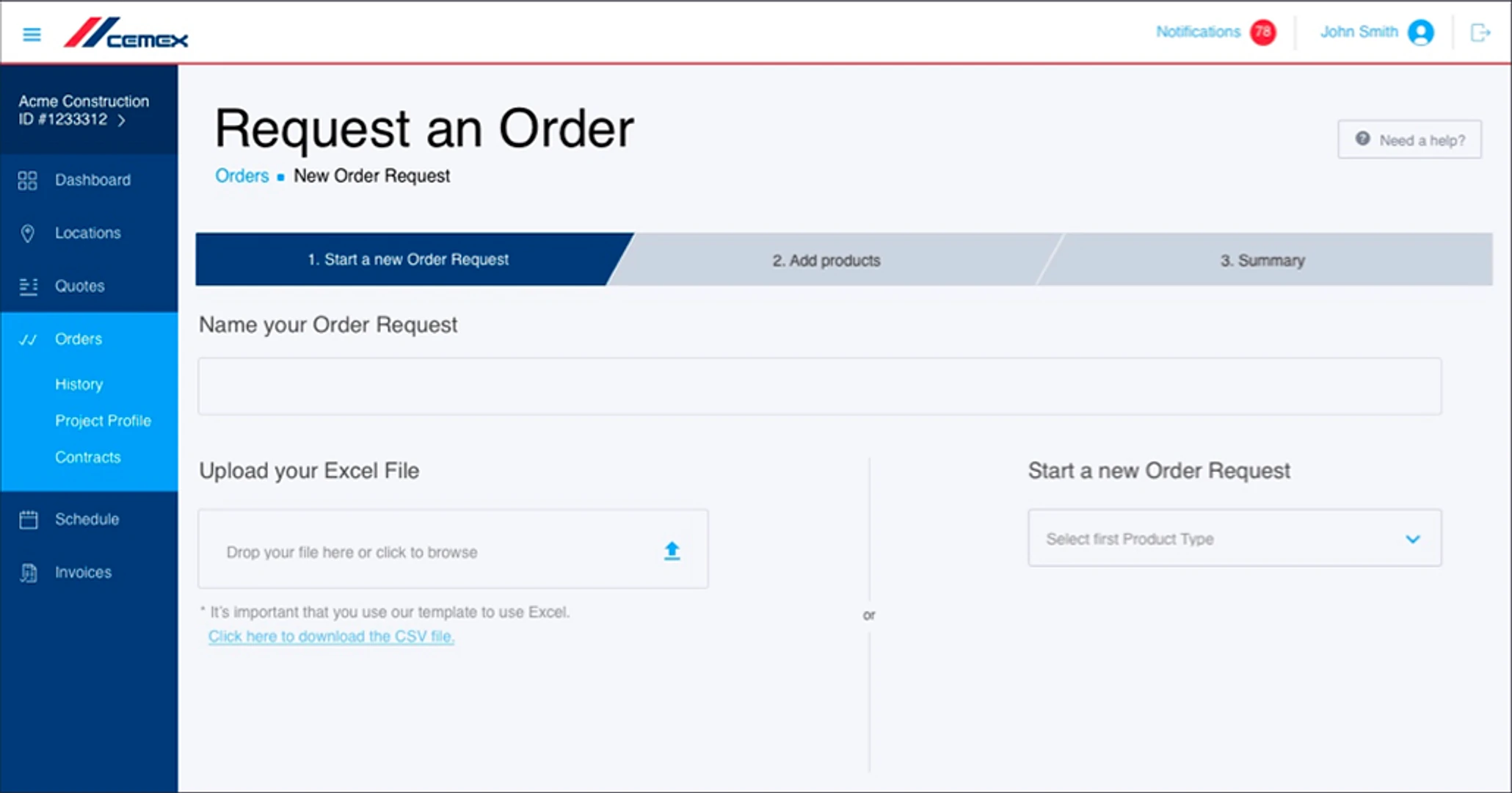 Shipped CEMEX Go interface: Request an Order screen with Excel upload and product selection