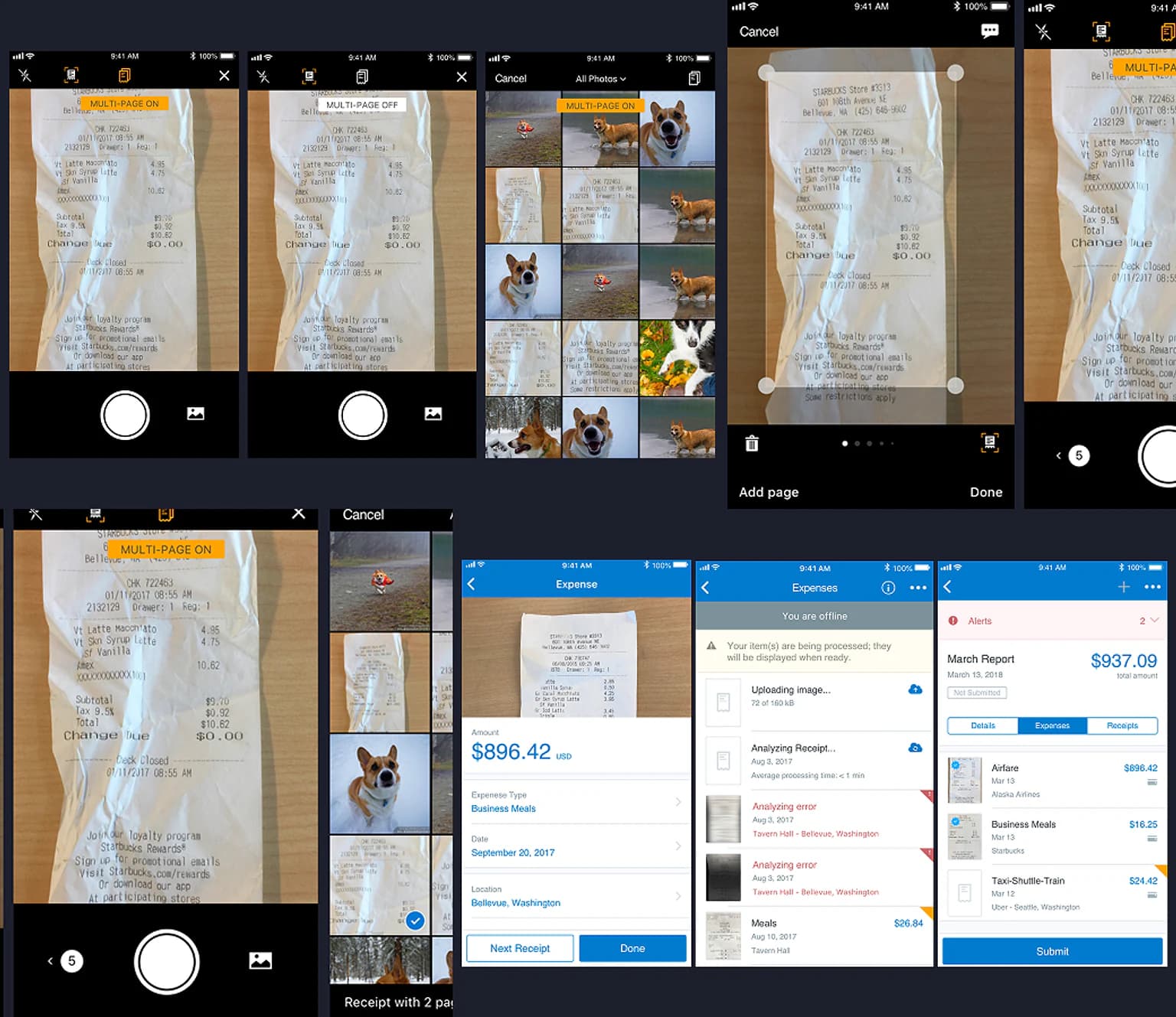 ExpenseIt mobile flow: multi-page receipt capture, gallery selection, OCR expense detail, and report submit