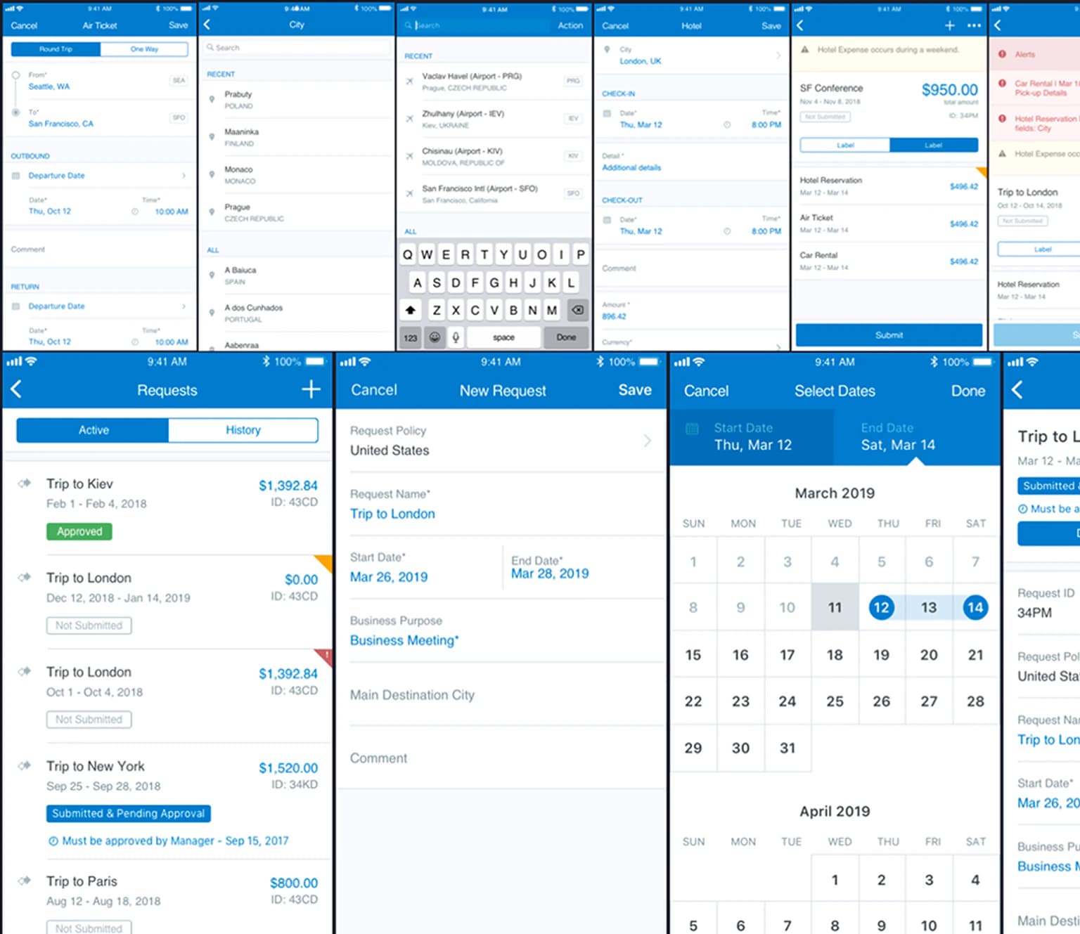 Concur Request mobile screens: trip booking, request list with approval states, and trip detail forms